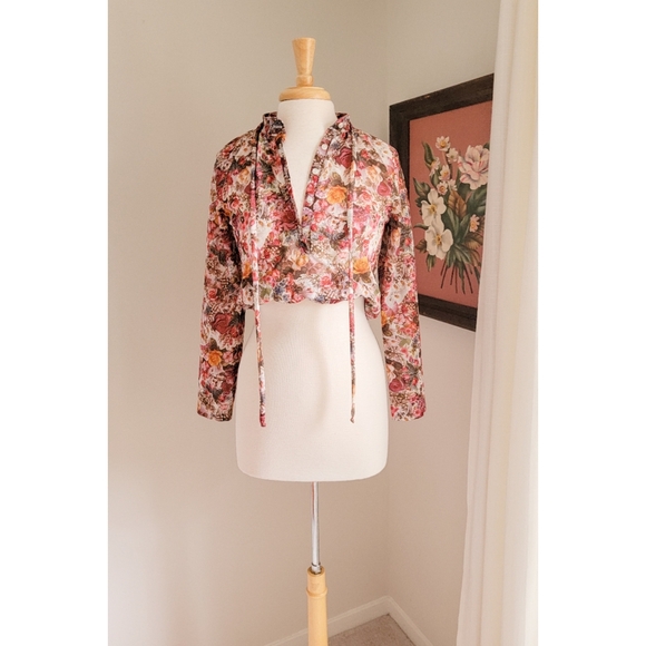 70s Floral Long Sleeve Tie Neck or Waist 1970s Feminine Bohemian Vintage Blouse - Picture 16 of 16